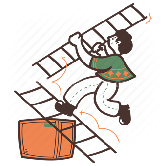 ladder, climb, box, crate, arrow, man, people